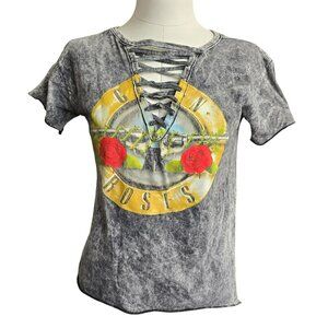 Guns N Roses Distressed Lace-Up Graphic T-Shirt With Rose PrintBrey Black  jj371